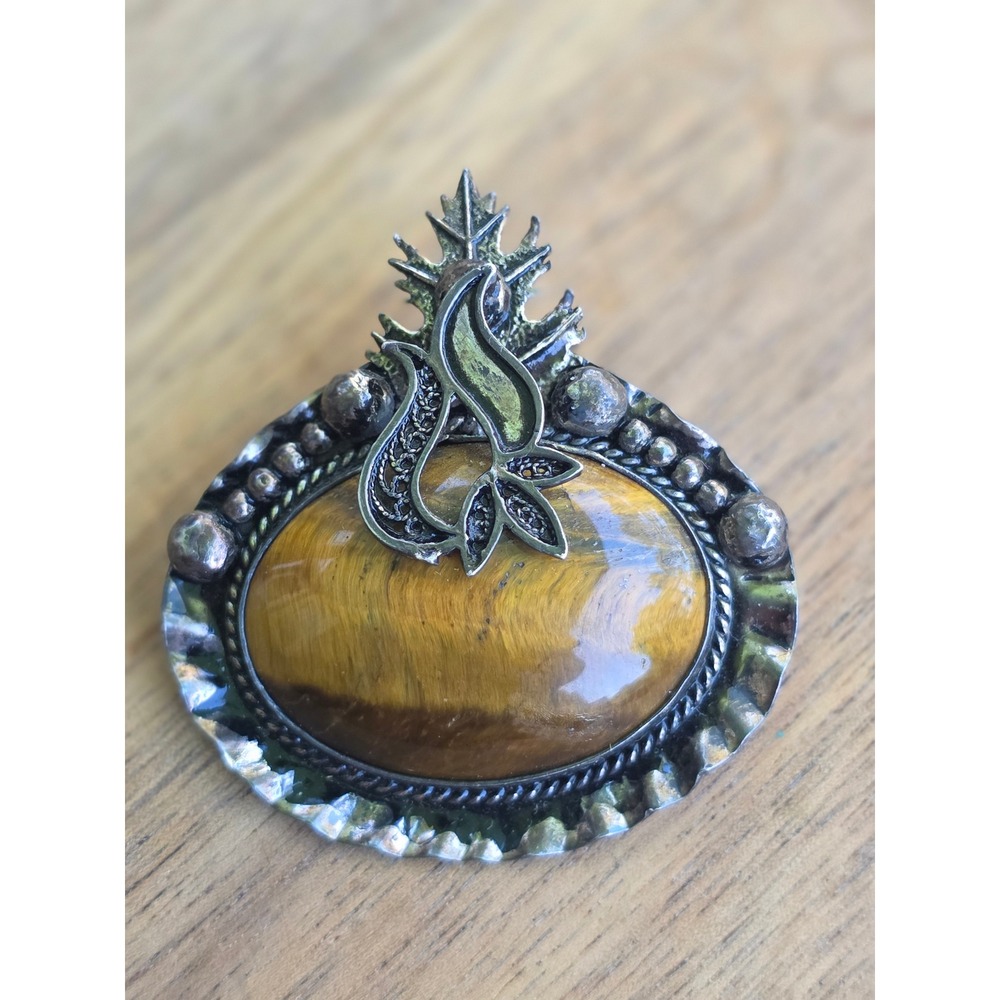 Vintage Mexico Sterling Silver Tigers Eye Brooch Filigree Leaf Pin Artisan